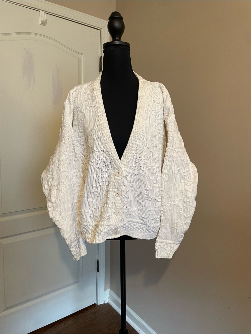 Vintage L.L.Bean USA Cotton Textured Knit Cardigan Sweater Oversized Ivory M - Picture 2 of 9